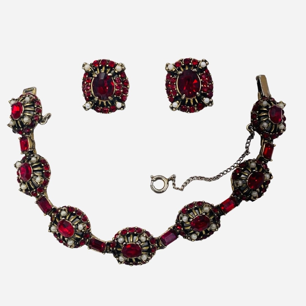 Vintage Hollycraft Red Rhinestone and Faux Pearl Bracelet and Earring Set